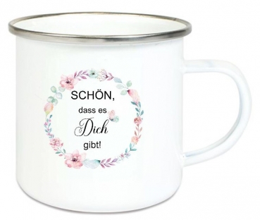 Preview: ♥ Tasse Becher Emailletasse Kranz Blüten, Rosen, Schön, dass es Dich gibt! Dankeschön, Geburtstag, Vatertag, Abschied, Jubiläum, Geschenk, Becher von Lüttentüddel
